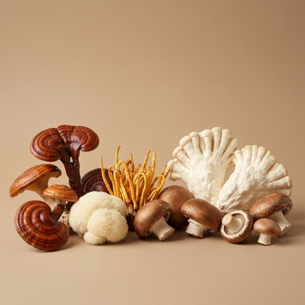 Various medicinal mushrooms including reishi, cordyceps, and lion's mane